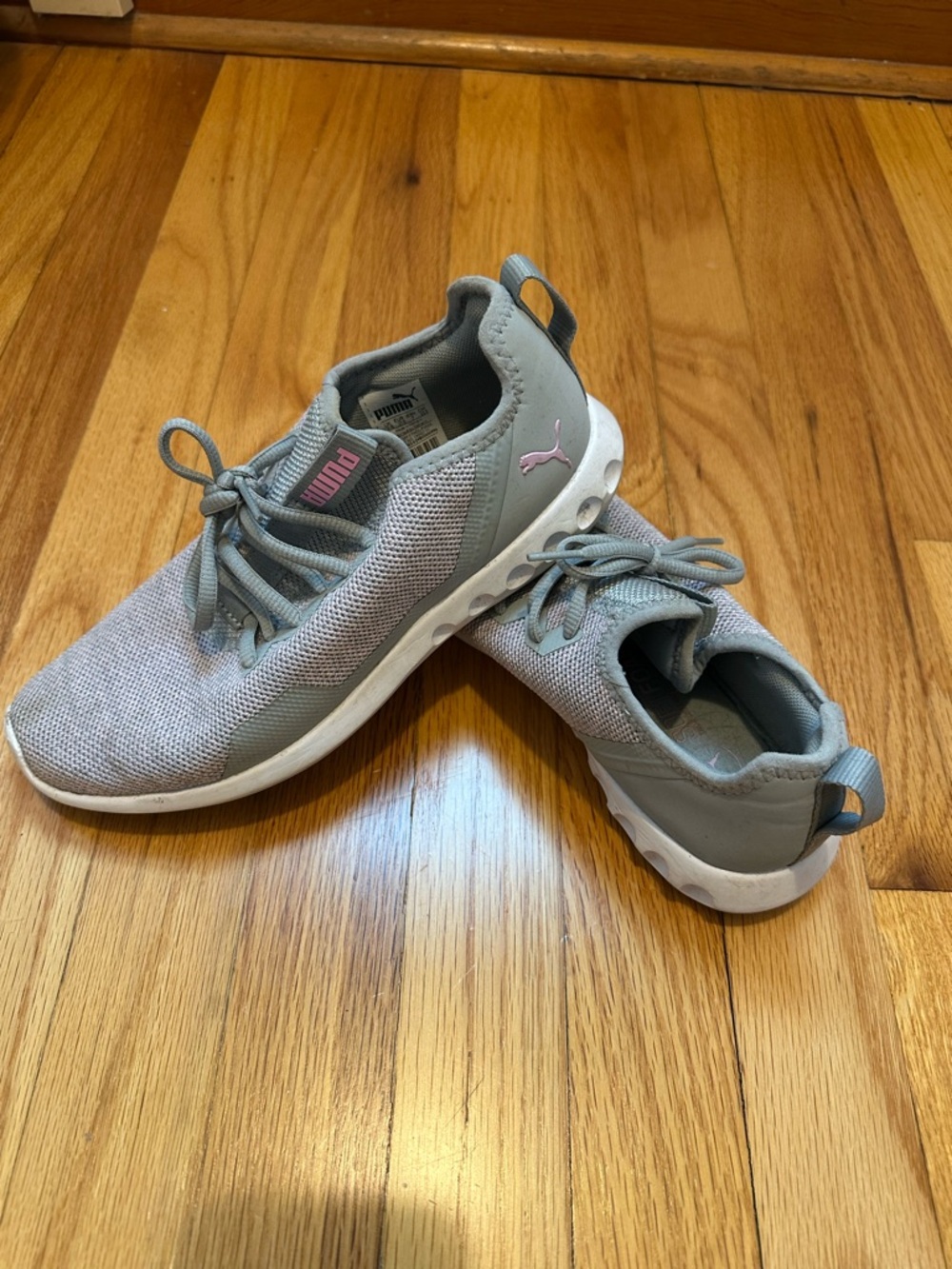 Puma Gray Knit Slip-On Sneakers with Pink Logo Accent